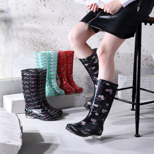 Women's Printing High Non-slip Wear-resistant Sole Rubber Boots