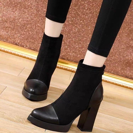 Patchwork Pointed-toe High Heel Short Boots Fashion Back Zipper