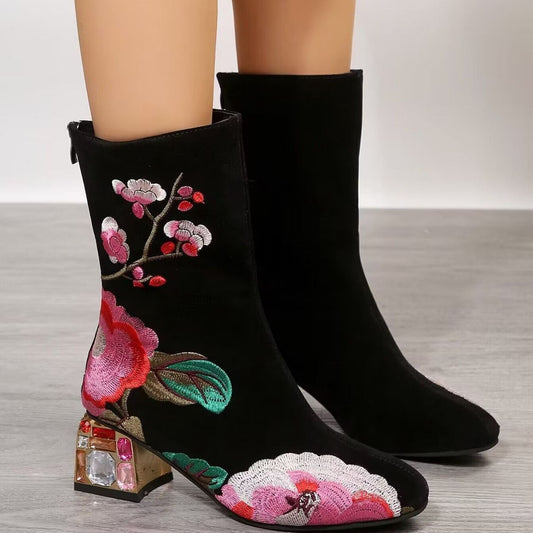 Flower Mid-calf Vintage Embroidery Autumn And Winter Women's Boots