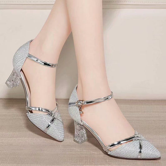 Women's Pointed Leather Sandals Mid-high Heel