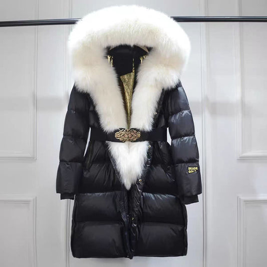 Extended Black Golden Lock Warm Real Fox Fur Big Fur Collar Duck Down Down Jacket