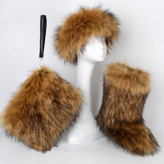 Velvet Padded Plus Size Imitation Fox Fur Fur Women's Snow Boots Three-piece Set