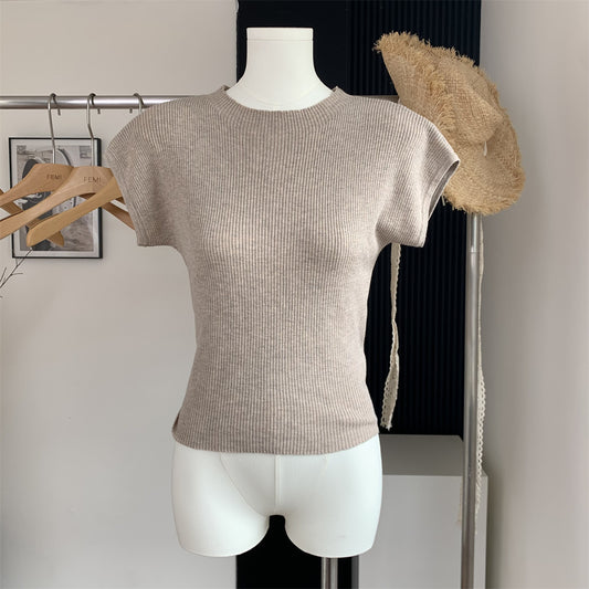 Back Strap Knitted Short-sleeved T-shirt Women's Slim-fit Short Knitted Top