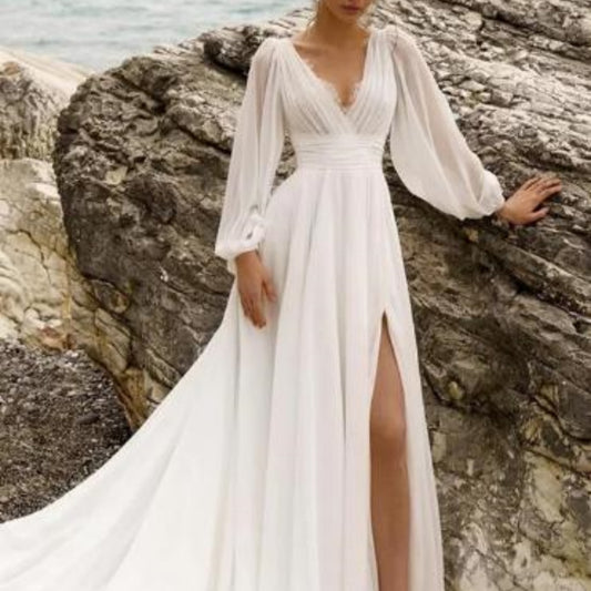 European And American High Waist Plus Size Deep V Long Sleeve Mopping Backless Wedding Dress High Slit