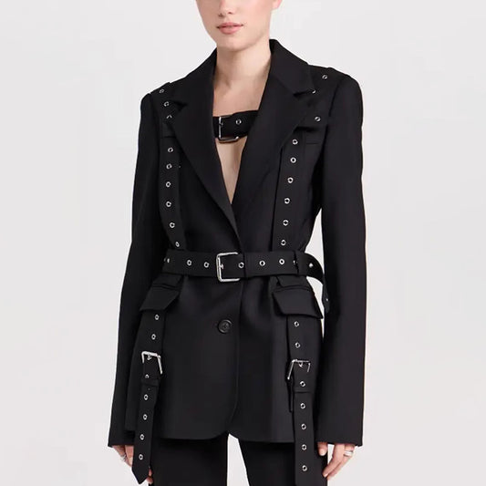 Fashionable Temperament Rivet Buckle Decorative Design Tight Waist Slimming Suit Coat Women's Suit