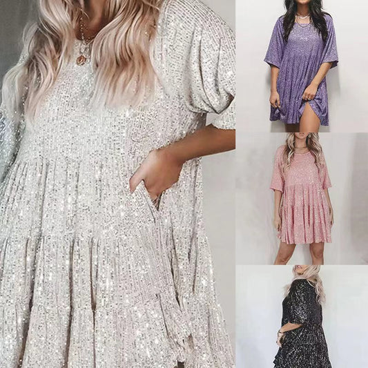 Fashionable Sequins Round Neck Loose Waist Short Sleeves And Skirt Dress
