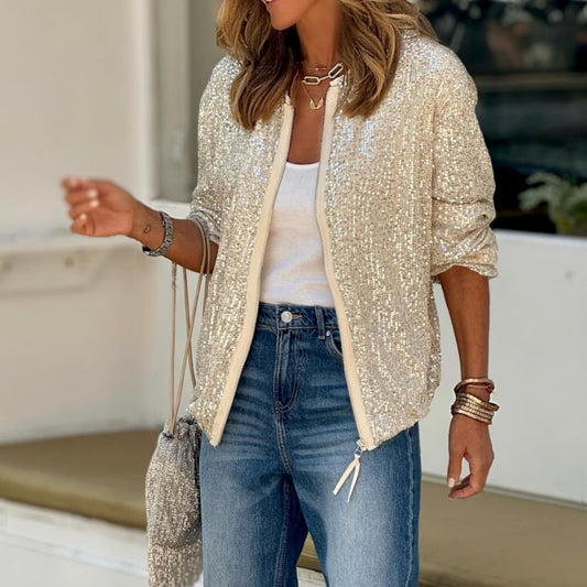 Solid Color Long Sleeve Stand Collar Sequined Jacket Cardigan For Women