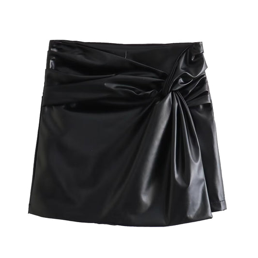 Fashionable All-match Slim-fit Solid Color Leather Textured Pleated Culottes