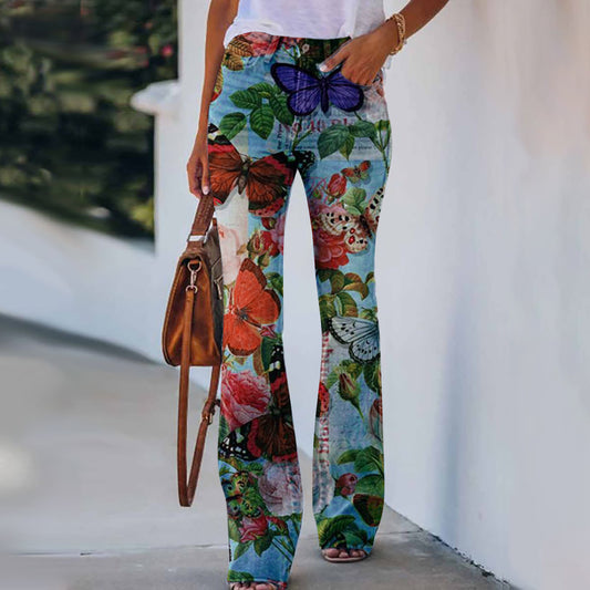 Summer New Flower-bird Print Women's Trousers