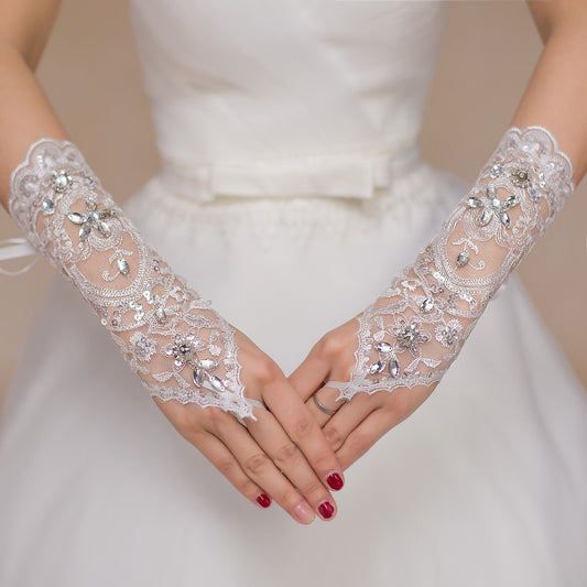 New Bridal Lace Sewing Diamond Wedding Gloves Short Wedding Accessories